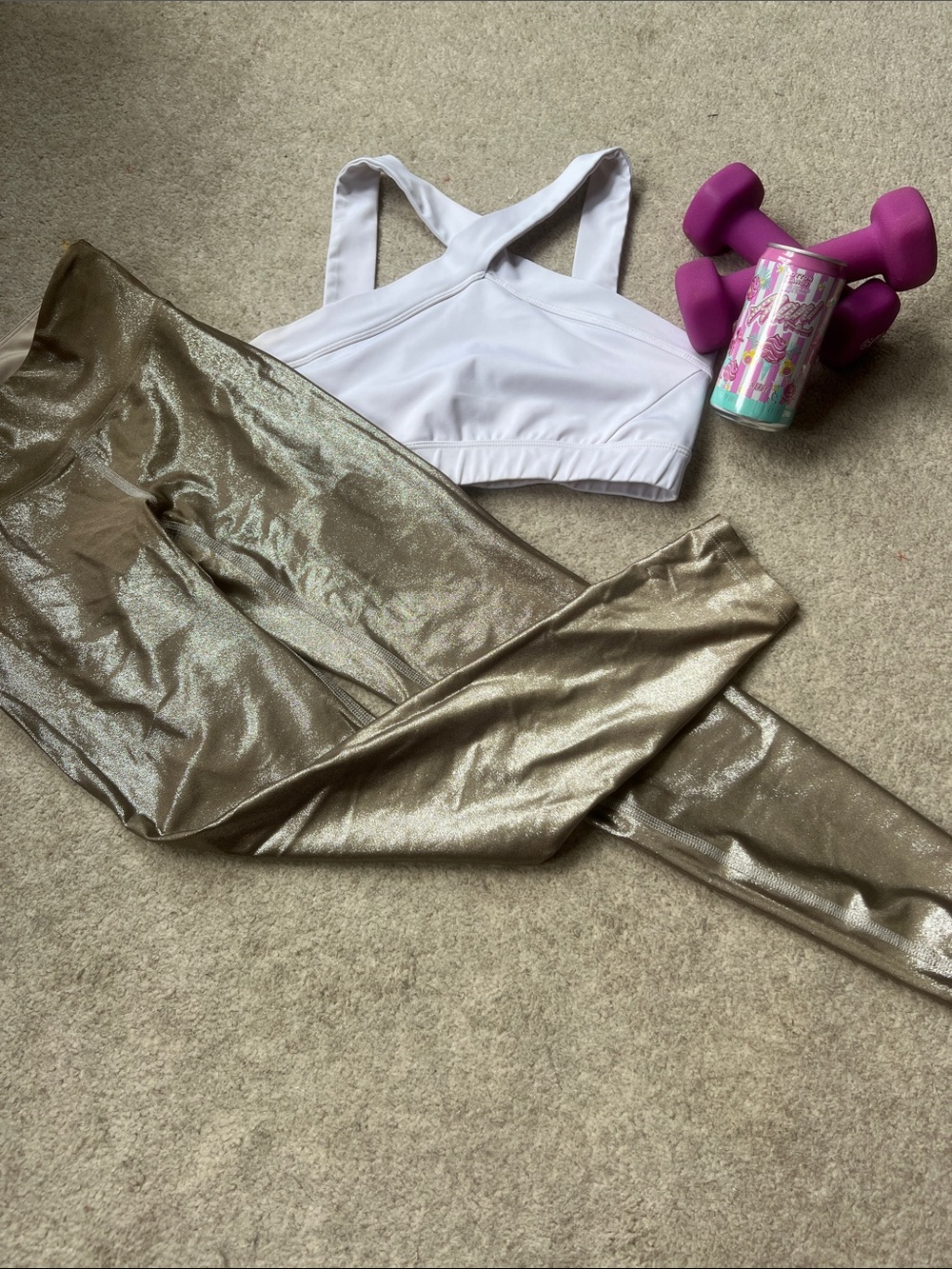 Heroine Sport Metallic Gold Leggings and white halter sports bra